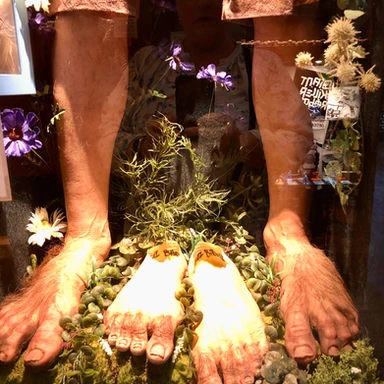 Close-up of life-sized Hobbit feet and Bilbo legs, displayed with lush greenery and flowers at Weta Cave in Wellington, New Zealand.