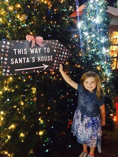 Harper pointing to a festive “This Way to Santa’s House” sign surrounded by sparkling Christmas trees at Smith & Caughey’s in Auckland, New Zealand.