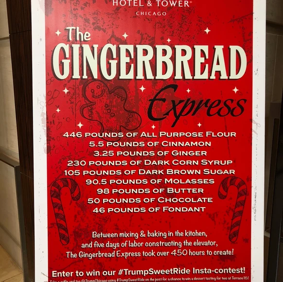 Holiday-themed Gingerbread Express elevator at Trump Hotel Chicago, featuring real gingerbread construction and festive décor for a magical family Christmas experience.