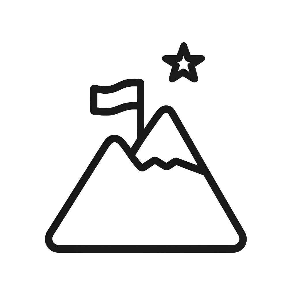 Icon of a mountain with a flag at its peak and a star above, representing child-led adventure, achievement, and discovery.