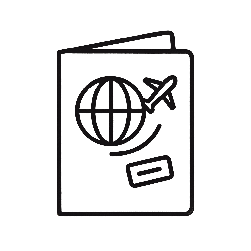 Icon of a passport with a globe, airplane, and travel stamp, representing learning through global experiences in Harper’s Passport Lessons.