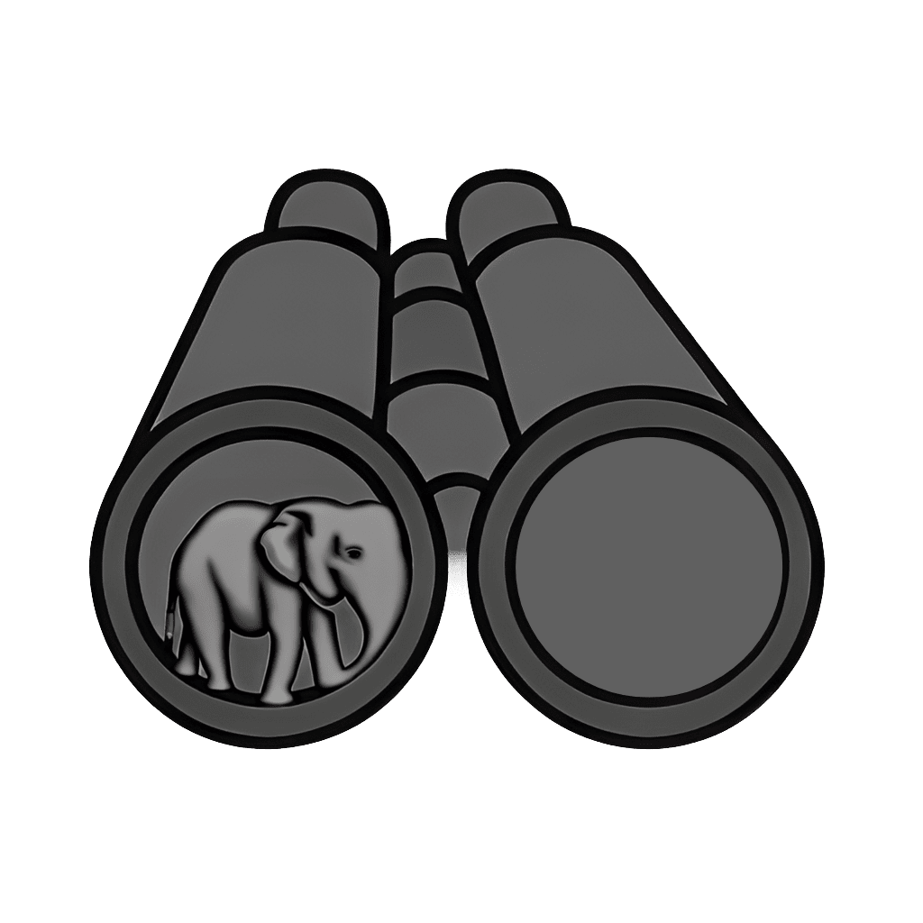 Icon of safari binoculars with an elephant silhouette reflected in one lens and a small star above, symbolizing wildlife discovery and adventure.