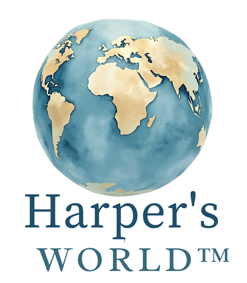 Watercolor logo for Harper’s World™ featuring a blue and gold globe above the brand name in an elegant serif font.