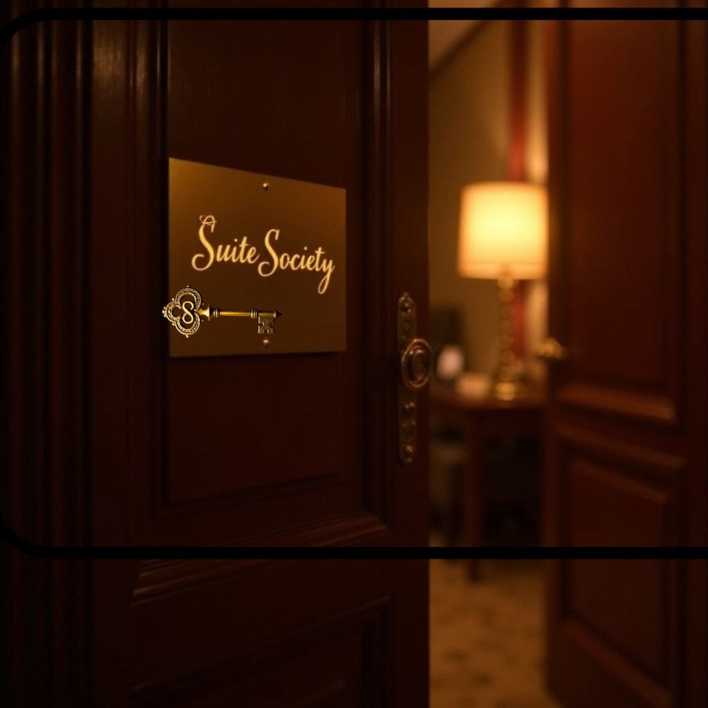 Open wooden suite door with a gold Suite Society plaque and key emblem, warm light glowing inside the hotel room.