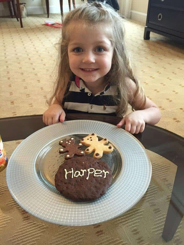 Harper at age three with personalized cookies prepared during her first major trip to China