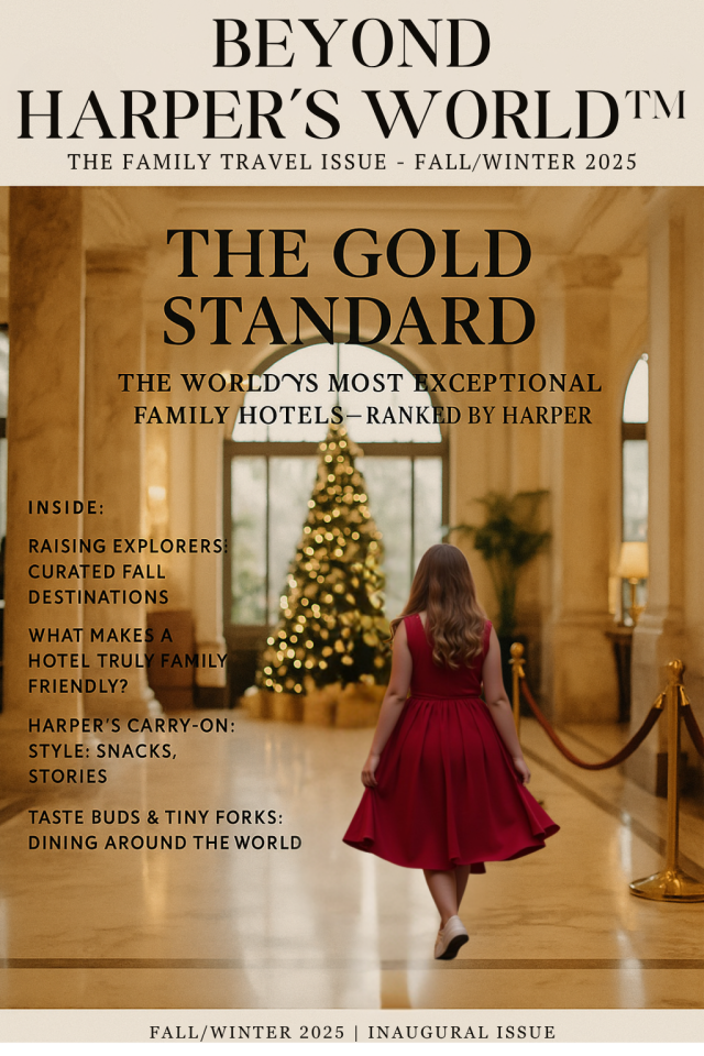 BEYOND HARPER’S WORLD THE FAMILY TRAVEL ISSUE – FALL 2025 + (1) Magazine cover for Beyond Harpers World – The Family Travel Issue, Fall/Winter 2025, featuring a young girl in a red dress walking through a luxury hotel lobby with a Christmas tree in the background.